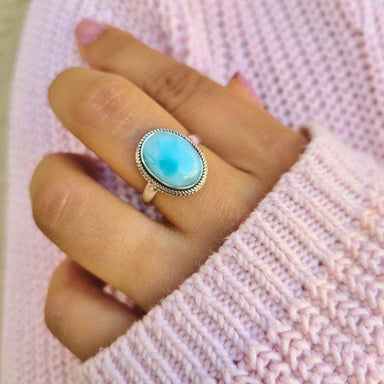 rings Boho Larimar Minimalist 925 Sterling Silver Statement Ring Handcrafted Jewelry For Her - by GIRIVAR CREATIONS