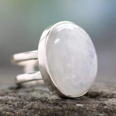 Moonstone Ring 925 Sterling Silver Natural Gemstone Boho Rainbow June Birthstone Jewelry - by InishaCreation