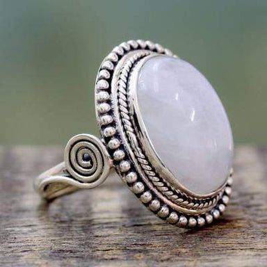 Rainbow Moonstone Ring Sterling Silver Rings for Women Boho Simple with Big Stone Birthstone Gemstone Jewelry - by InishaCreation