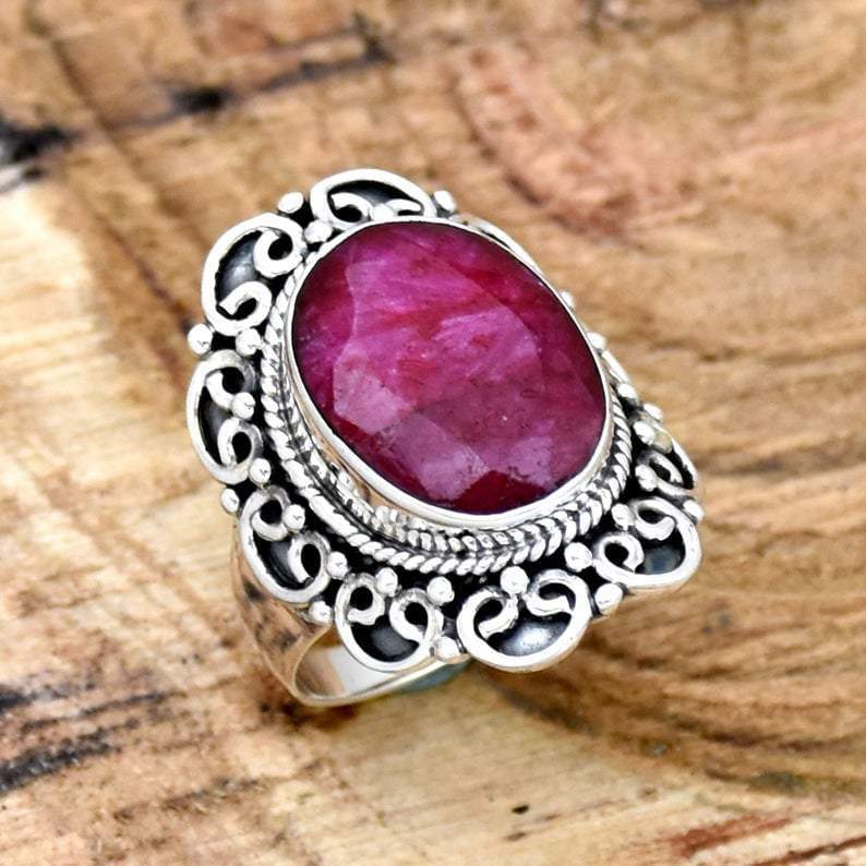 Ruby Ring Silver Handmade 92.5% 925 Solid Sterling Silve Natural for Women Boho - by InishaCreation