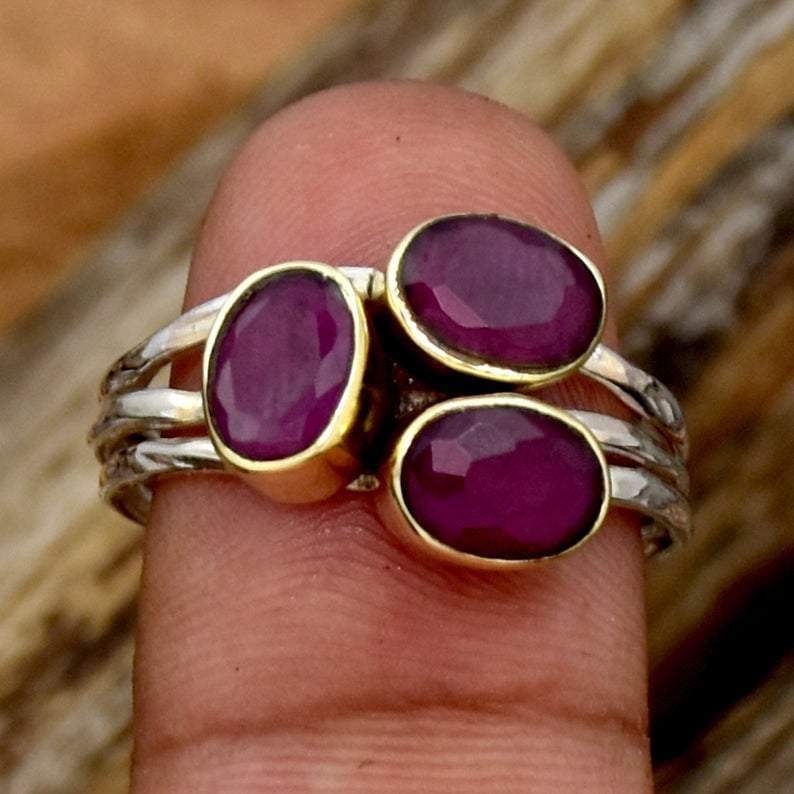 Natural Ruby Ring 925 Solid Sterling Silver Handmade for Women Boho Oval - by InishaCreation