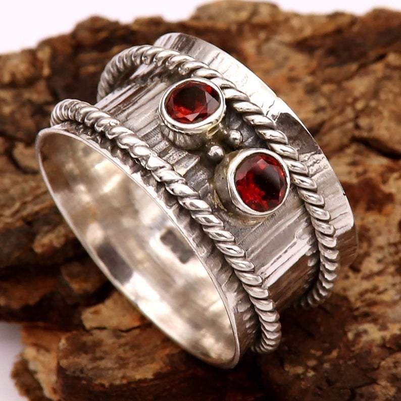 Boho Silver Ring,Red Garnet Top Quality Semi Precious Stone Ring 925-Sterling Spinner Ring,Thumb Ring,Gift Item - by InishaCreation