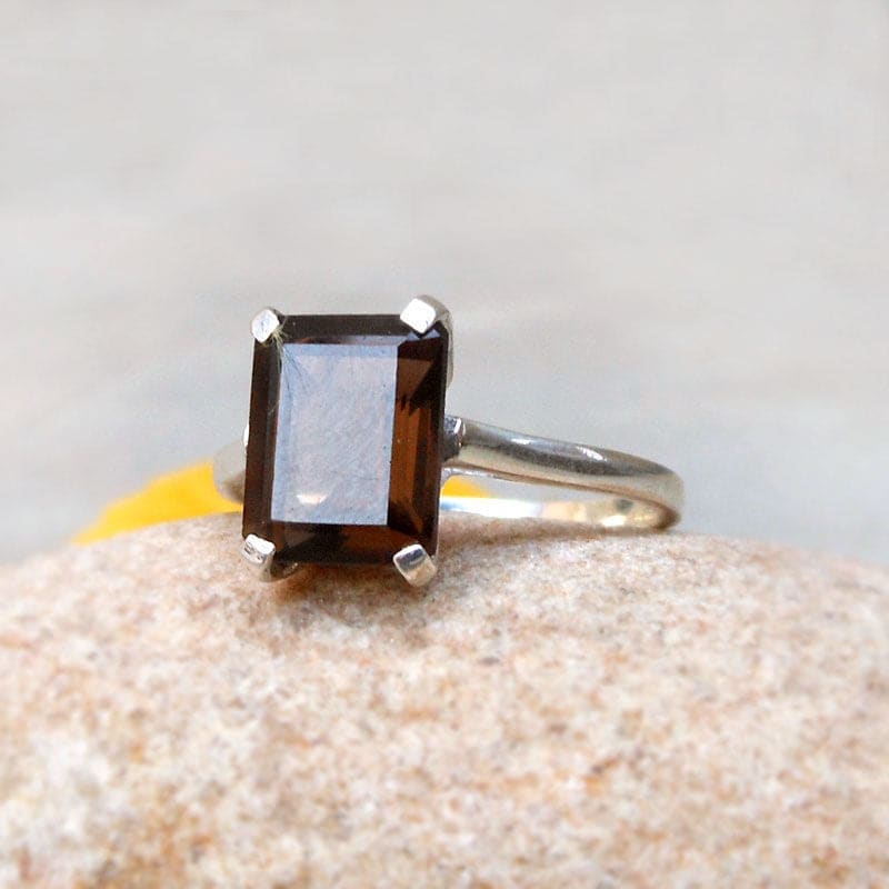 rings Boho Smokey Quartz 925 Silver Ring Rectangle Gemstone Solitaire Handmade Jewelry Gift for Her - 6 by Finesilverstudio