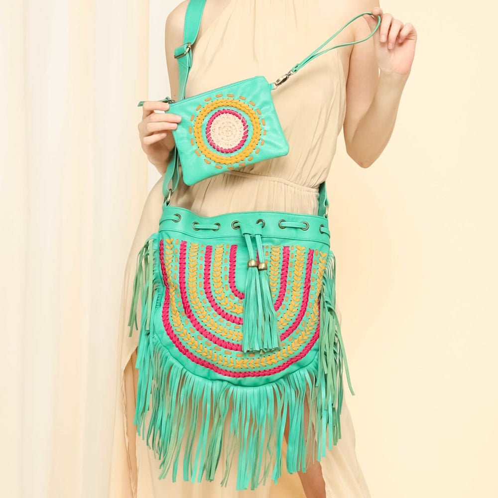 BOHO LEATHER BAG Gypsy Coins Hippie Leather Purse Green 