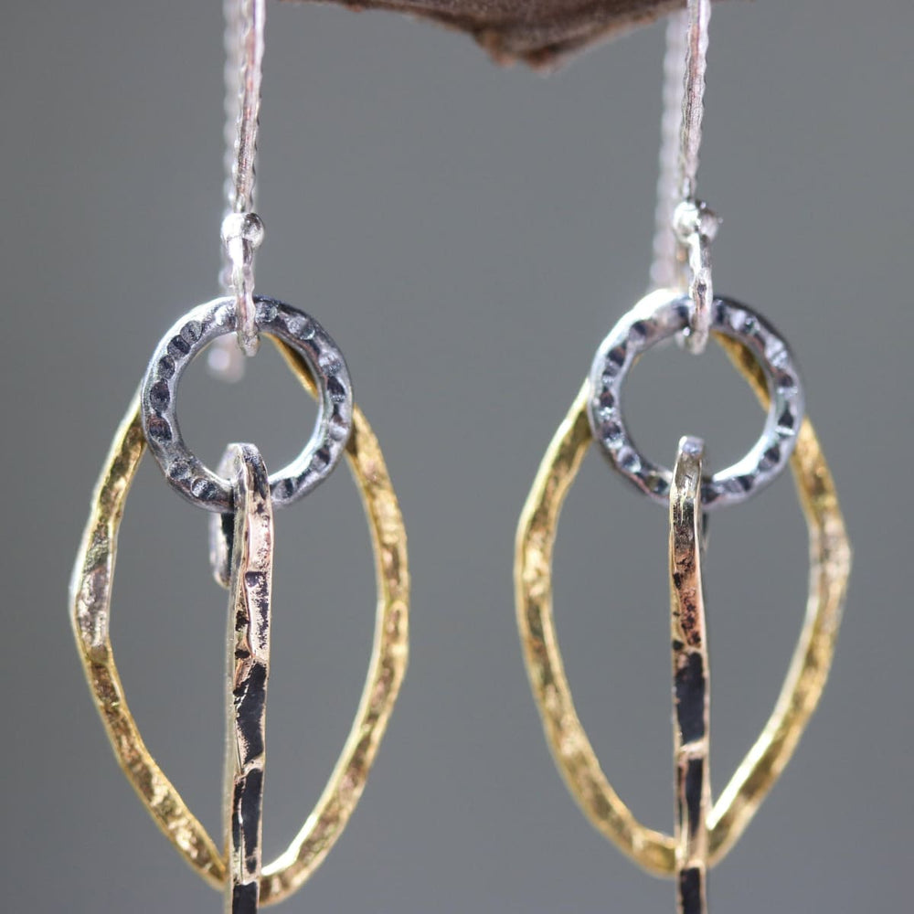 Brass Marquis Shape Earrings With Silver Circle And Brass Sticks On Oxidized Sterling Hooks - By Metal Studio Jewelry