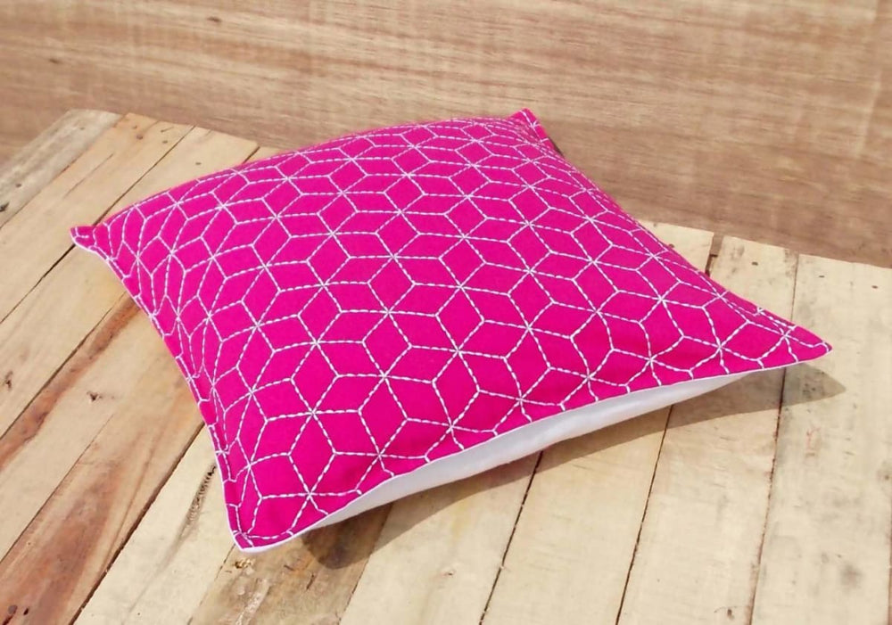Bright Pink Throw Pillow Cover Cotton Cushion Embroidered Geometric Pattern Bohemian Moroccan Standard Size 16x 16 - By Vliving
