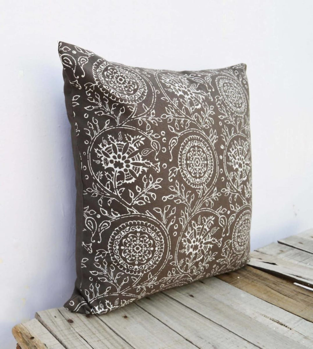 Brown Throw Pillow Cover Kalamkari Print Indian Ethnic Cotton Sizes Available. - By Vliving