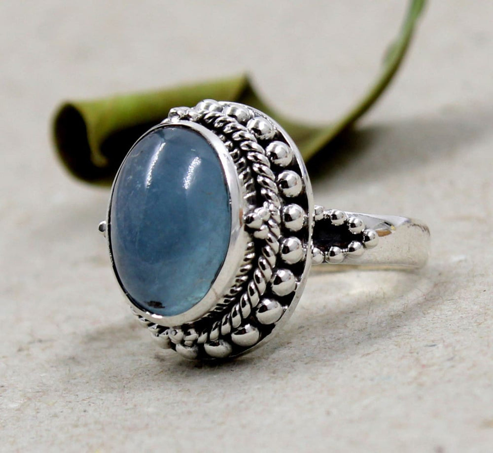 rings Cabochon Natural Aquamarine Ring Solid 925 Sterling Silver Jewelry - by Maya Studio