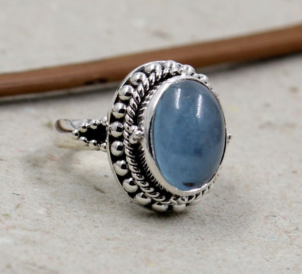 rings Cabochon Natural Aquamarine Ring Solid 925 Sterling Silver Jewelry - by Maya Studio