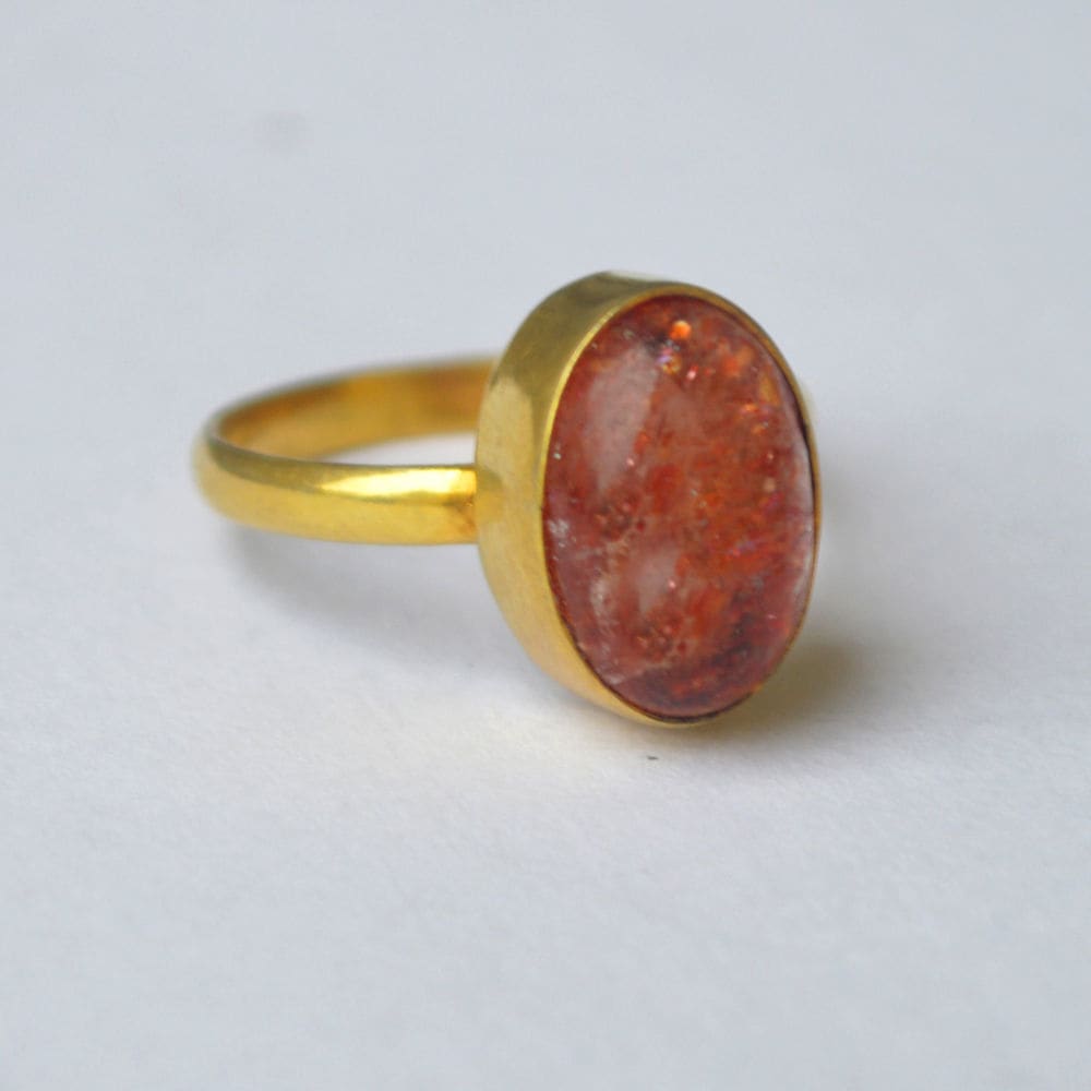 Cabochon Oregon Sunstone Gemstone 925 Sterling Silver Ring Yellow Gold Plated Gift - by Nativefinejewelry