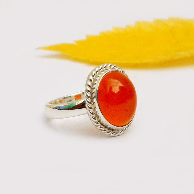 rings Carnelian Ring Orange Oval Cabochon Stone 925 Sterling Silver ring Bohemian Gypsy Oak Design Handcrafted Jewelry - 5 by 
