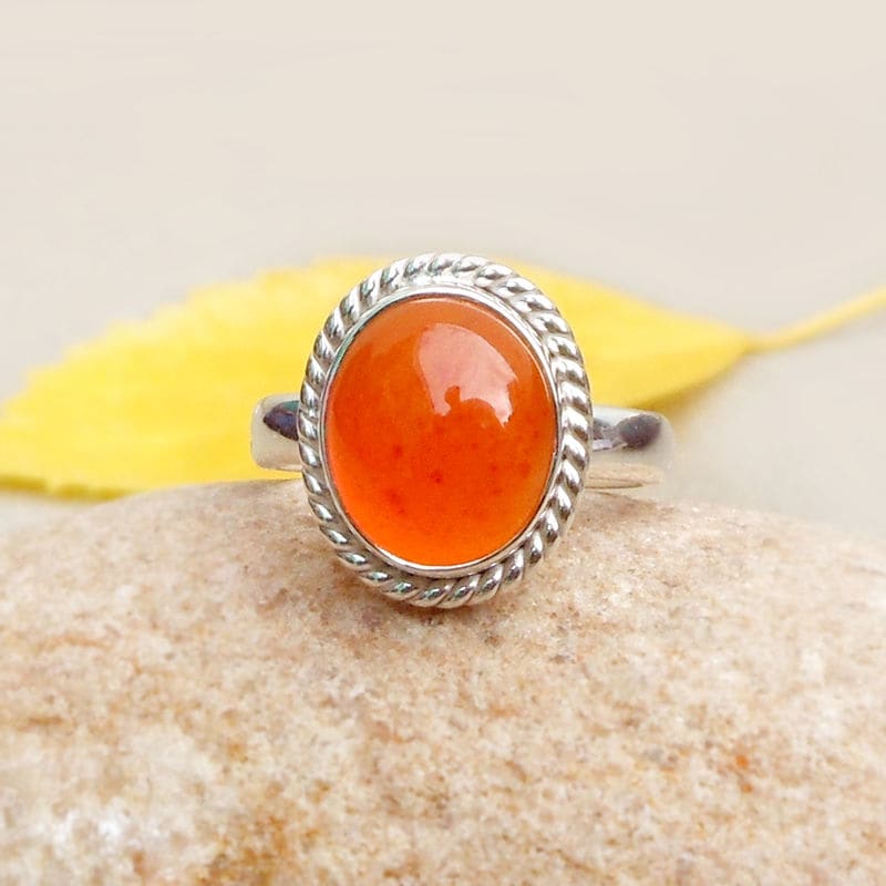 rings Carnelian Ring Orange Oval Cabochon Stone 925 Sterling Silver ring Bohemian Gypsy Oak Design Handcrafted Jewelry - 5.5 by 