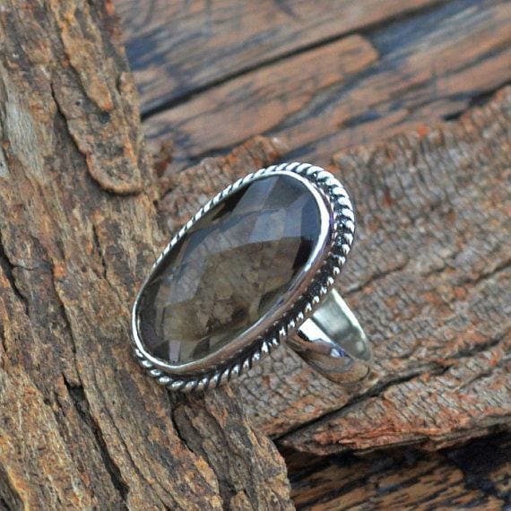 Rings Checker Cut Smoky Quartz Ring - 925 Sterling Silver -Designer Jewelry