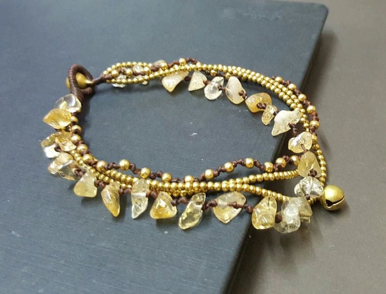 Chip Citrine Stone Brass Chain Bracelet Anklet Women Anklet,Brass Beaded - by Bymemade