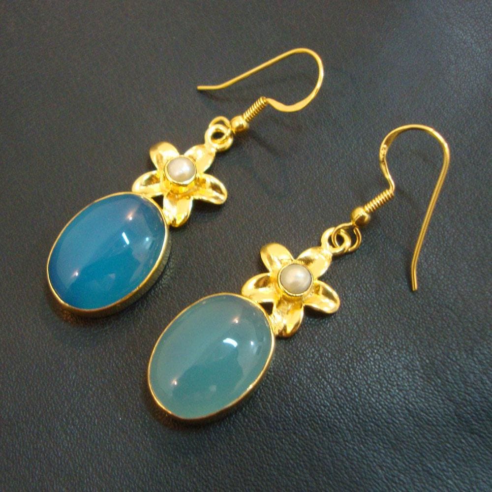 earrings Christmas Gift 925 Sterling Silver Gold Plated Blue Chalcedony and Pearl New Fashion Dangle Earrings Indian Stone Jewelry - by 