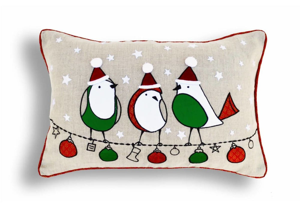 Christmas Linen Pillow Cover Birds Ornaments Indian Brocade Applique Embroidered Size 14x 21 - By Vliving