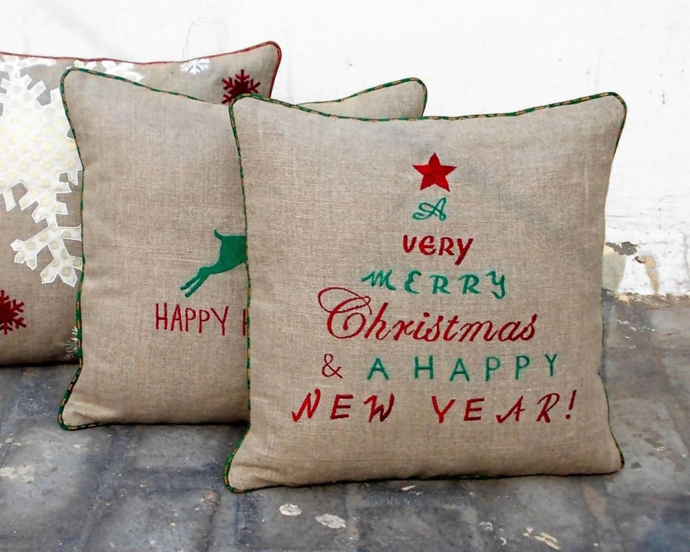 Christmas Linen Pillow Cover Chistmas And New Year Wishes Embroidered Size 16x 16 - By Vliving