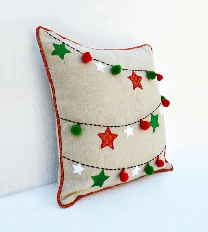 Christmas linen pillow cover ornaments garland Indian brocade applique embroidered pillow size 16X 16 - Pillows & Cushions