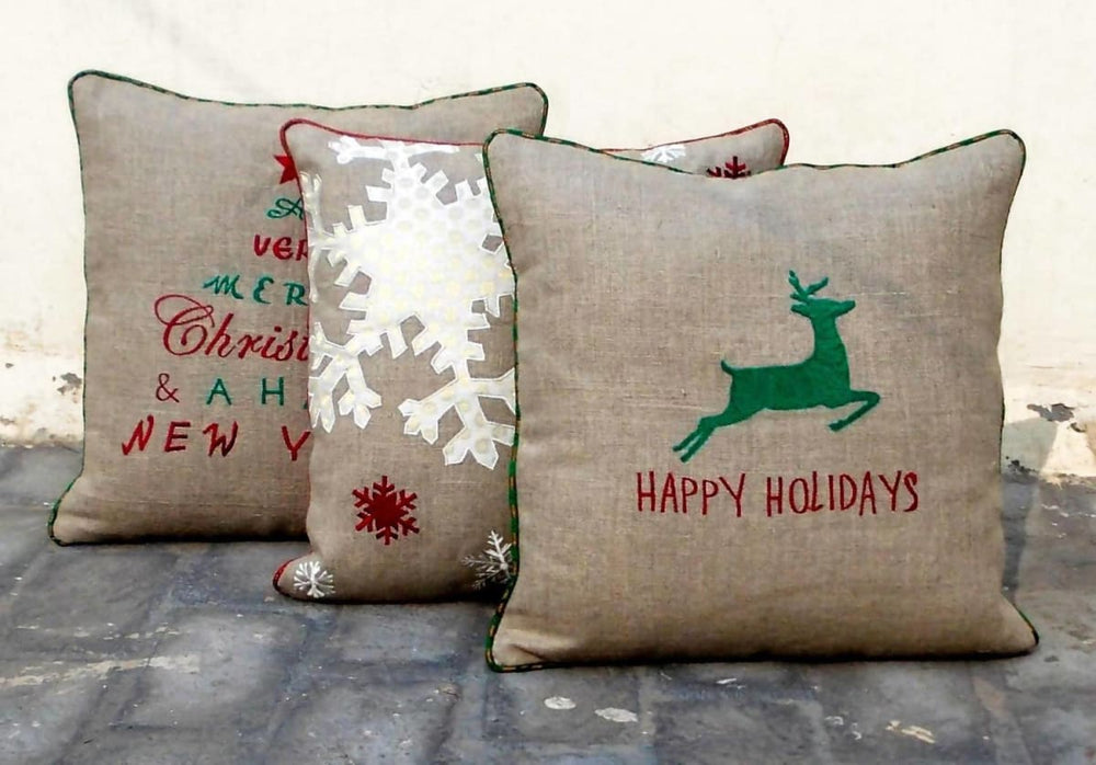 Christmas Linen Pillow Cover Reindeer Indian Brocade Applique Embroidered Size 16x 16 - By Vliving