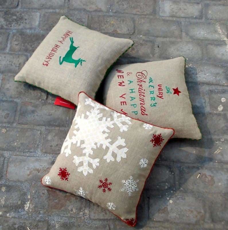 Christmas linen pillow cover snowflake Indian brocade applique & embroidered pillow size 16X 16 - Pillows & Cushions
