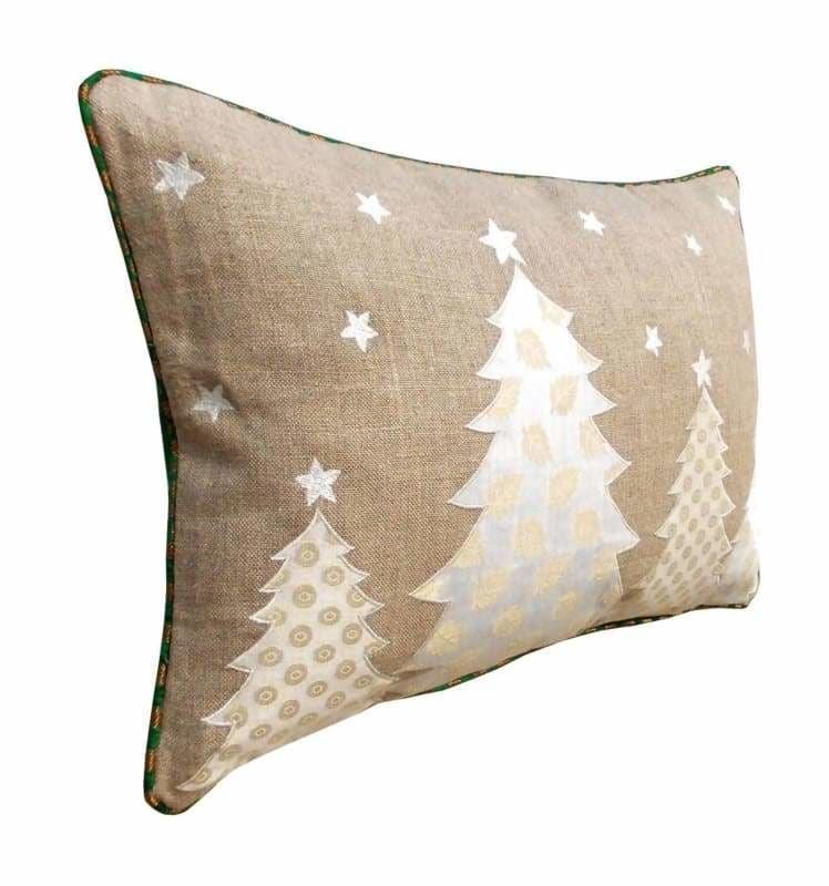 Christmas linen pillow cover christmas trees Indian brocade applique embroidered pillow size 14X 21 - Pillows & Cushions