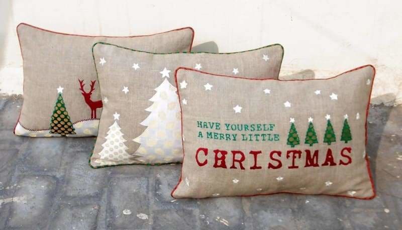 Christmas linen pillow cover christmas trees Indian brocade applique embroidered pillow size 14X 21 - Pillows & Cushions