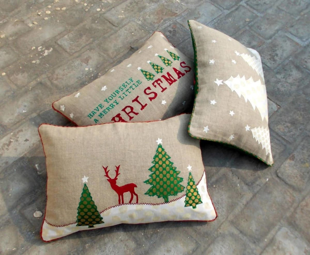 Christmas Linen Pillow Cover Christmas Trees Reindeer Indian Brocade Applique Embroidered Size 14x 21 - By Vliving