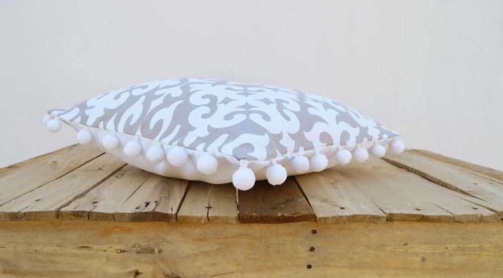Christmas Pillow Cover Moroccan Print White Pompom Lace 100% Cotton Bohemian Tribal Size Available - By Vliving