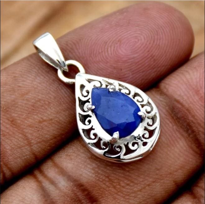 pendants Chunky Indian Sapphire 925 Sterling Silver Pendant,Handmade Jewelry,Anniversary Gift - by InishaCreation