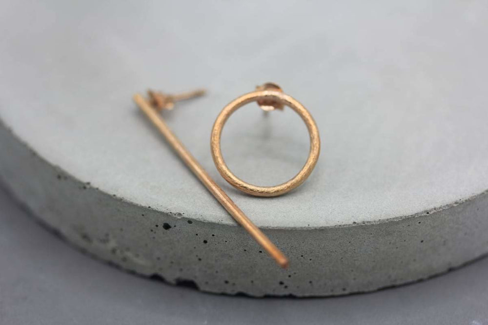 Earrings Circle and line silver stud earrings - rose gold coating