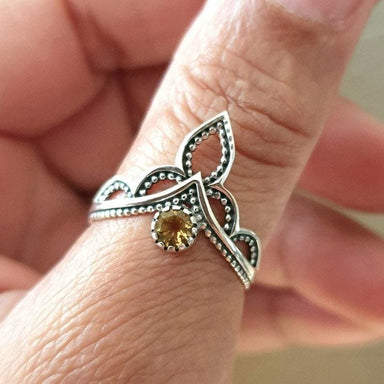 rings Citrine Crown Silver Ring Handmade Women Boho Jewelry Yellow Gemstone Birthstone Gift for her - by InishaCreation