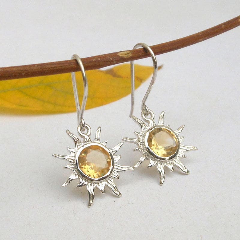 Citrine Earring 925 Sterling Silver Sunrise Shaped Dangle Handmade Sun Charm Earrings Boho Jewelry Birthday Gifts - by Finesilverstudio