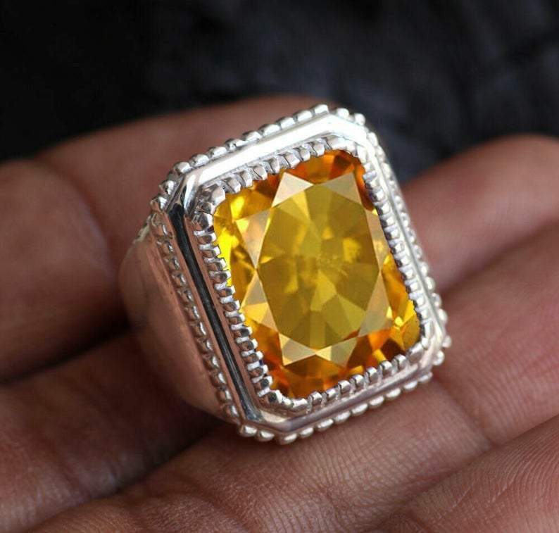 Mens Handmade Ring Turkish Men Silver Ottoman Citrine Stone Cubic zrconia Gift for Him 925k Sterling - by InishaCreation