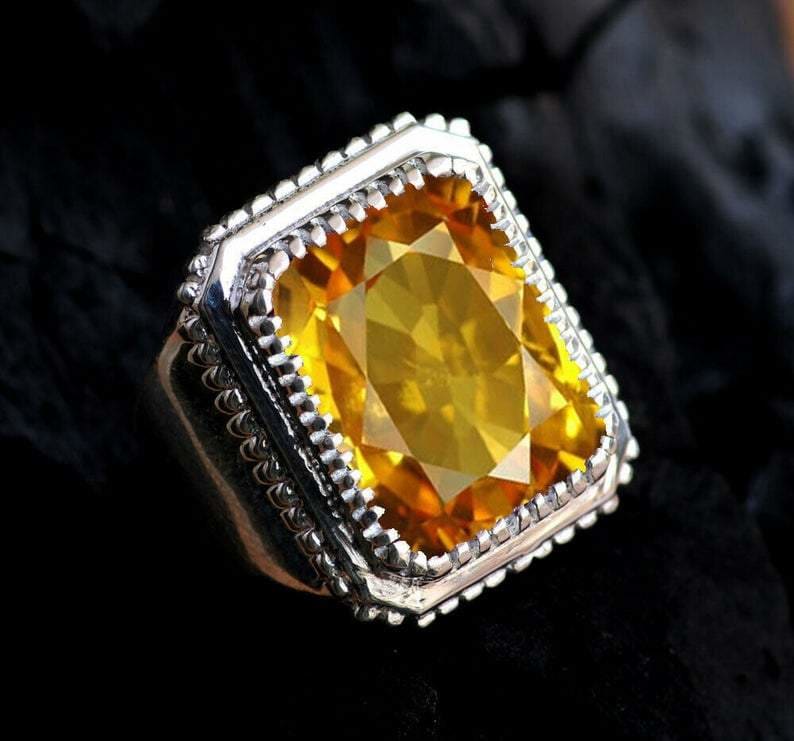 Mens Handmade Ring Turkish Men Silver Ottoman Citrine Stone Cubic zrconia Gift for Him 925k Sterling - by InishaCreation