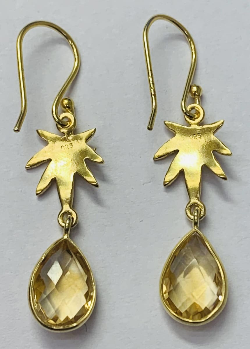 Earrings Citrine Stone with Frosted leaf Part Earring Sterling Silver Gold Plated - by TJ GEMS