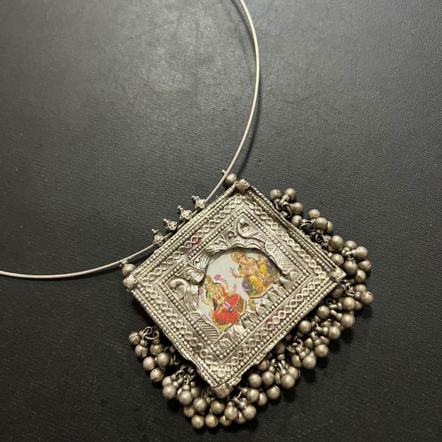 A Classic Traditional Necklace Goddess Laxmi and Ganesh Indian Handmade Necklace Jewelry 925 Solid Silver Antique Silver Active - by Vidita 