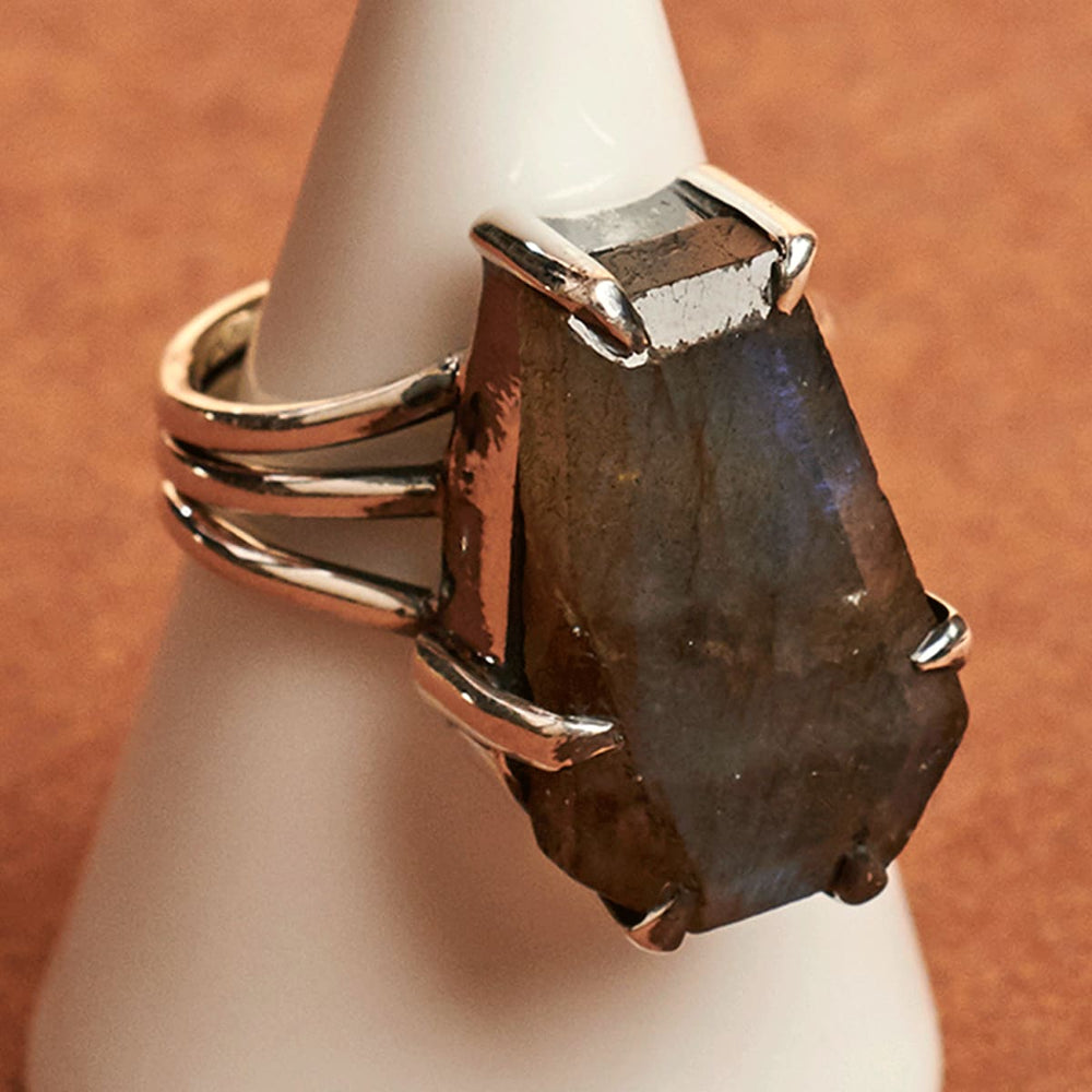 Rings Coffin Ring Natural Labradorite Prong Setting Dainty Box Jewelry Women 925 Silver - by InishaCreation