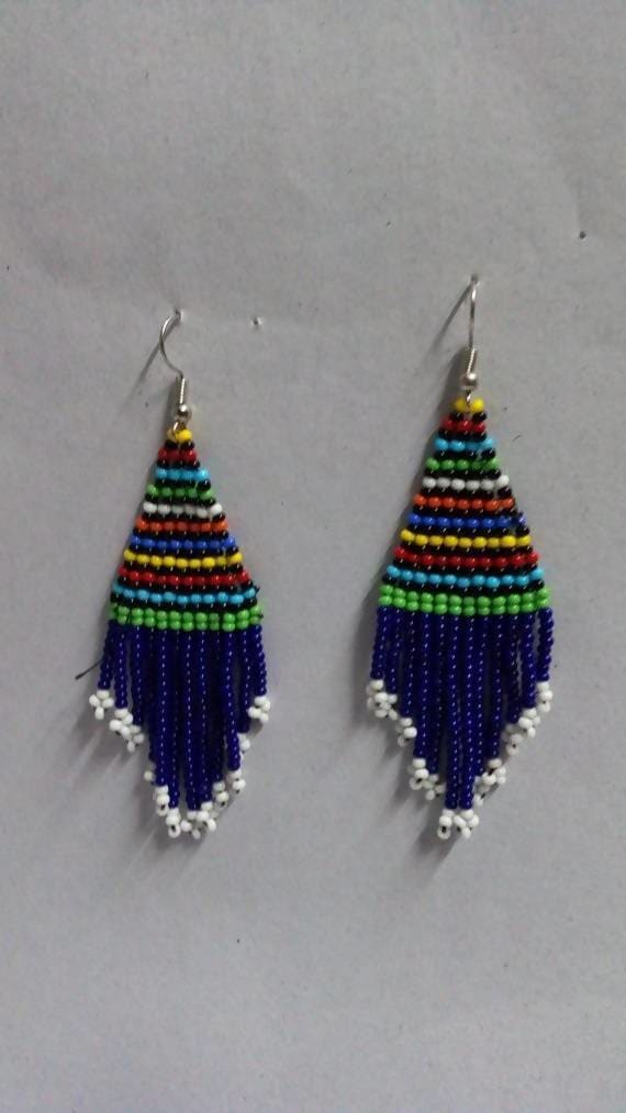 earrings African Beaded Handmade jewelry Dangling blue beaded Moms gift Her Christmas Tassel - Title by Naruki Crafts