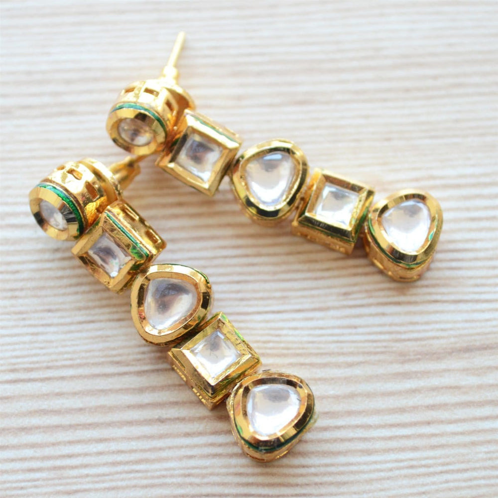 Contemporary Geometric dangle and drop Kundan earrings modern Indian jewelry - by Pretty Ponytails