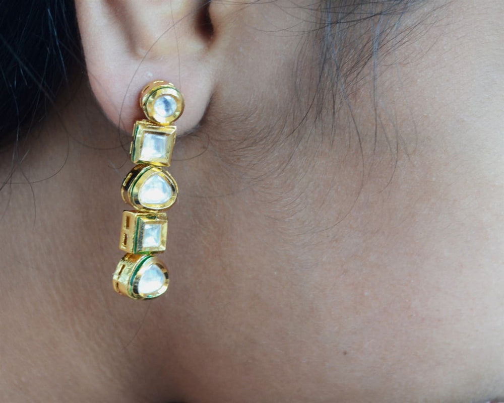 Contemporary Geometric dangle and drop Kundan earrings modern Indian jewelry - by Pretty Ponytails