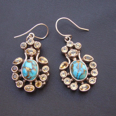 earrings Copper Arizona Blue Turquoise & Natural Citrine 925 Sterling Silver Handmade Dangle Earrings - by Vidita Jewels