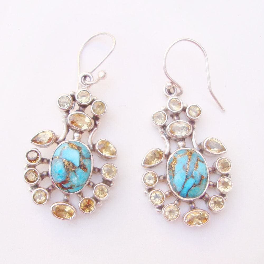 earrings Copper Arizona Blue Turquoise & Natural Citrine 925 Sterling Silver Handmade Dangle Earrings - by Vidita Jewels