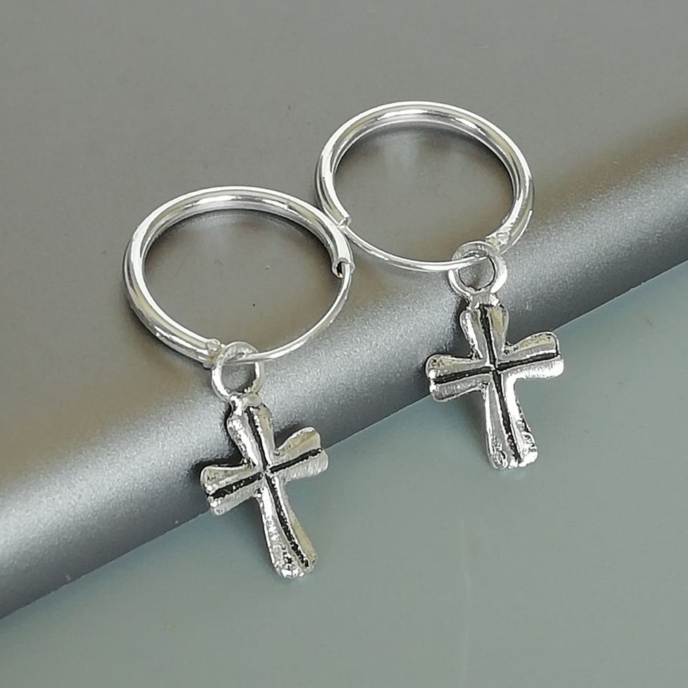 Cross charm hoop | Sterling silver 12 mm earrings | Religious hoops | Bohemian jewelry | Charm | Silver ear | E885 - by OneYellowButterfly