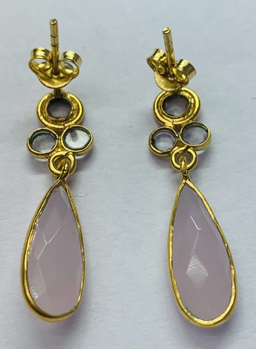 Earrings Crystal Polki with Pink Calci Stud Earring Gold Plated - by TJ GEMS