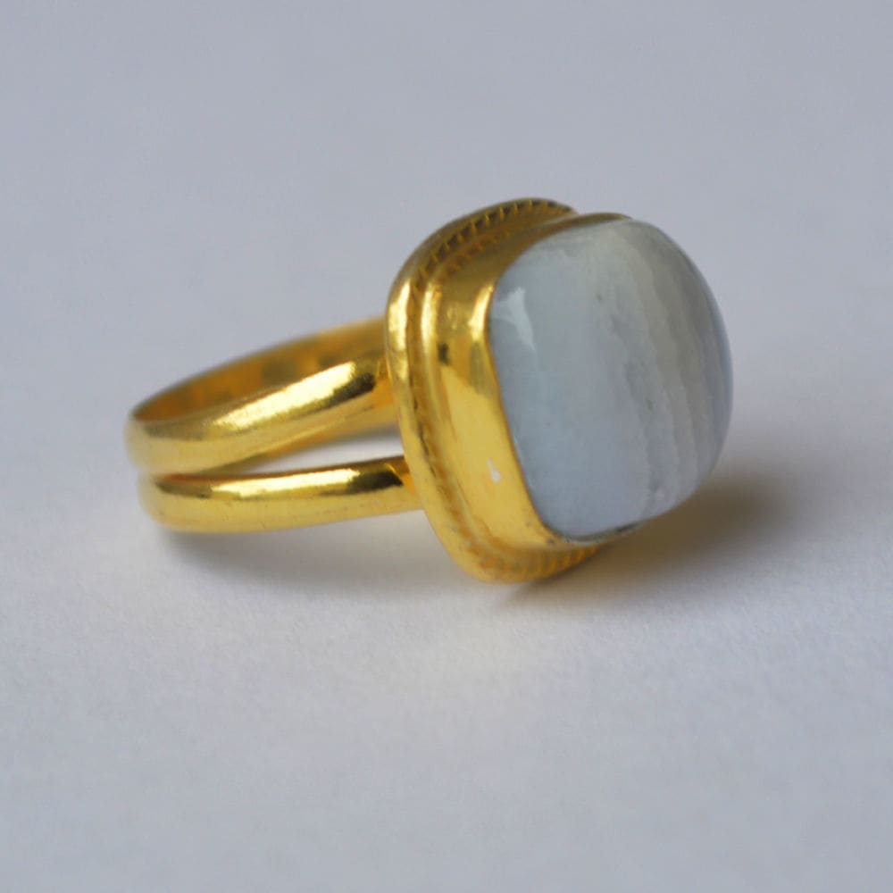 Cushion Cab Blue Lace Agate Gemstone 925 Sterling Silver Ring Yellow Gold Plated Gift - by Nativefinejewelry