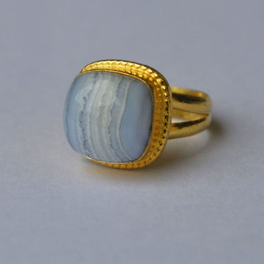Cushion Cab Blue Lace Agate Gemstone 925 Sterling Silver Ring Yellow Gold Plated Gift - by Nativefinejewelry