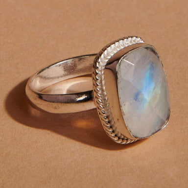 Rings Cushion Faceted Blue Rainbow Moonstone Gemstone 925 Sterling Silver Ring Fashion Handmade Jewelry Gift - by NativeFineJewelry