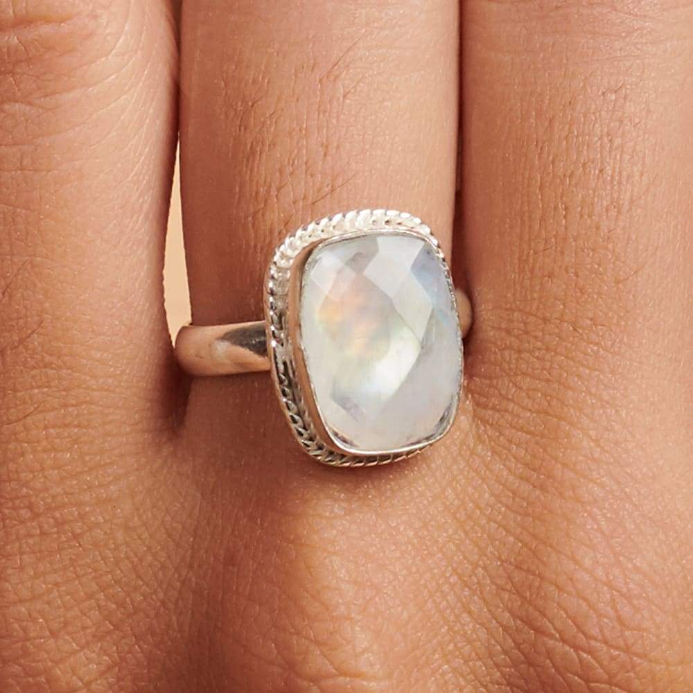 Rings Cushion Faceted Blue Rainbow Moonstone Gemstone 925 Sterling Silver Ring Fashion Handmade Jewelry Gift - by NativeFineJewelry