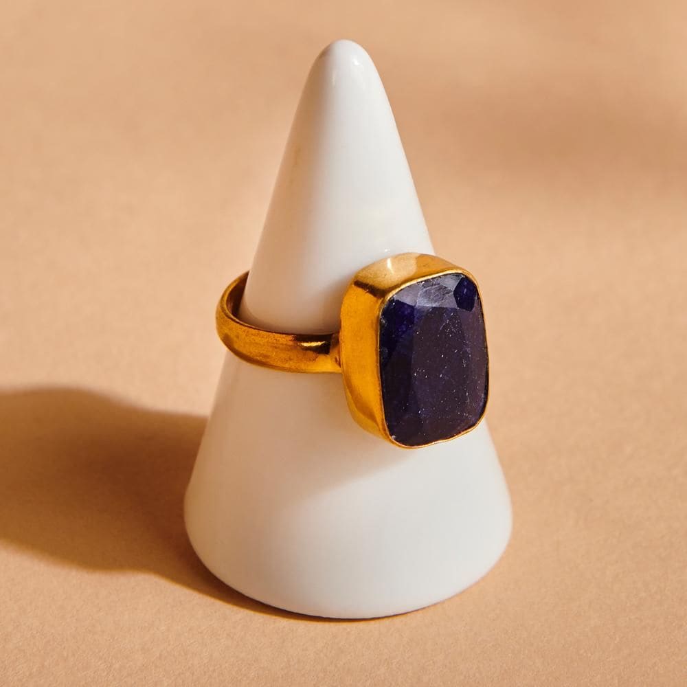 Rings Cushion Faceted Blue Sapphire Gemstone 925 Sterling Silver Ring 18K Yellow Gold Filled Rose Handmade in India Gift Jewelry, - by 