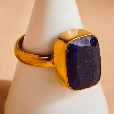Rings Cushion Faceted Blue Sapphire Gemstone 925 Sterling Silver Ring 18K Yellow Gold Filled Rose Handmade in India Gift Jewelry, - by 